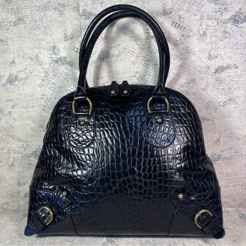 Banana Republic Black Croc Embossed Leather Satchel Work Tote Gold Hardware